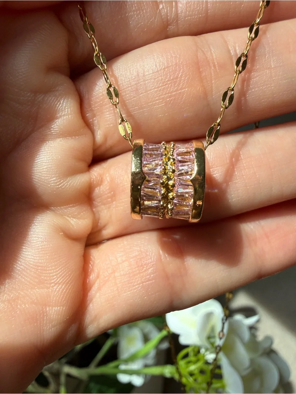 Gold Pink Crystal Elegant Pendant Necklace